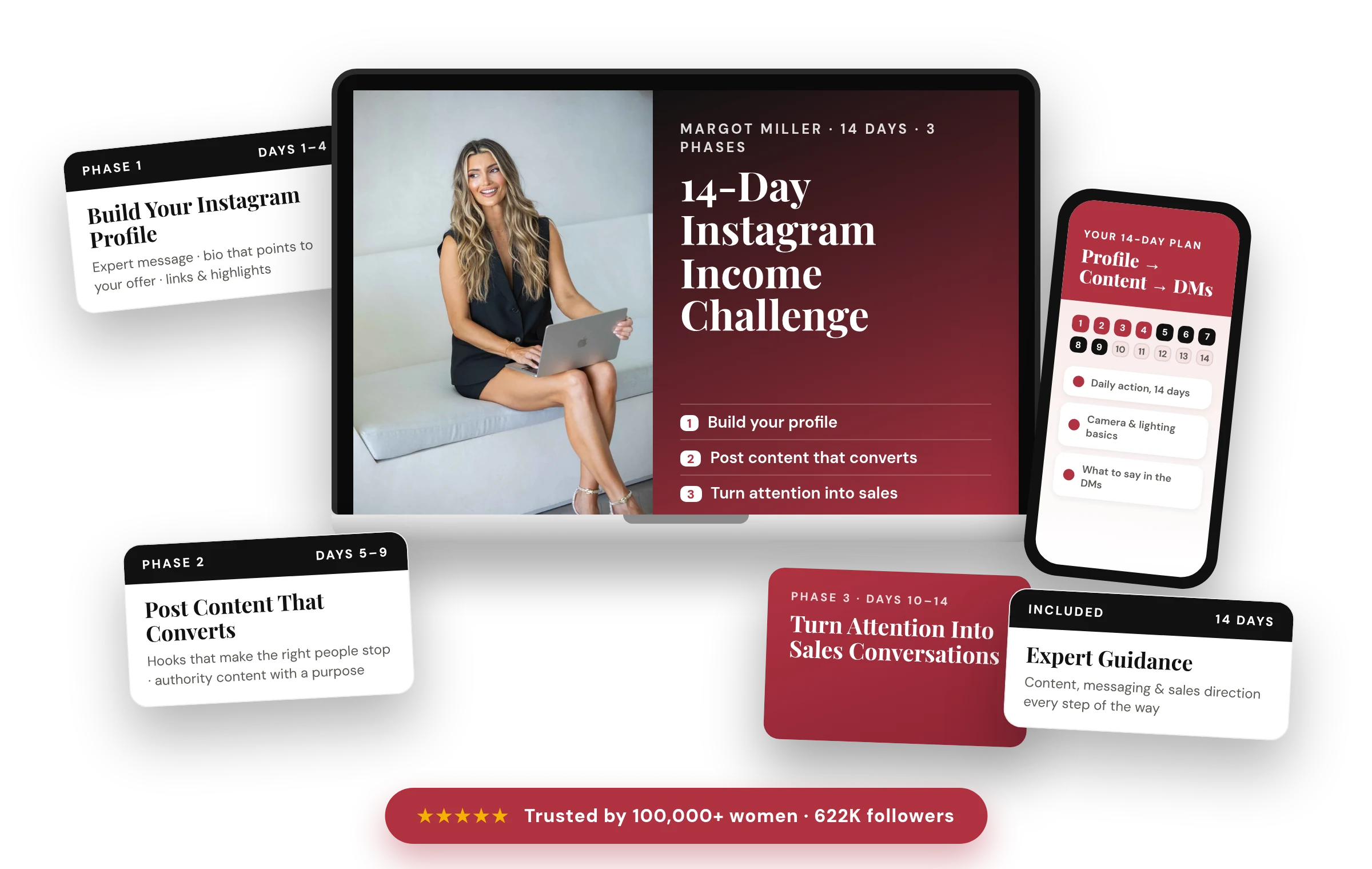 Everything included with the 14-Day Instagram Income Challenge: the 14-day plan, the three phases, the DM playbook and the camera and lighting guide